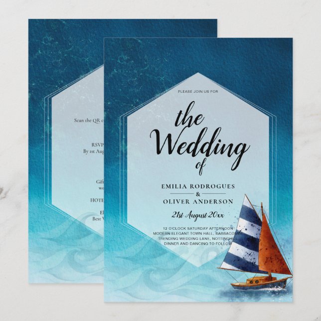Faire-part de mariage nautique avec voilier (Devant / Derrière)