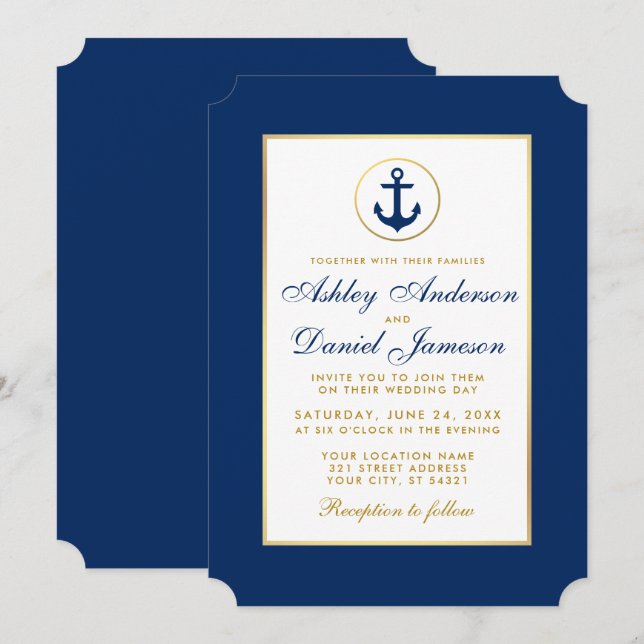 Faire-part de mariage nautique bleu et or (Devant / Derrière)