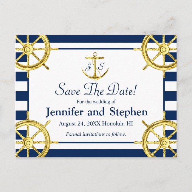 Faire-part de mariage nautique bleu marine or (Devant)