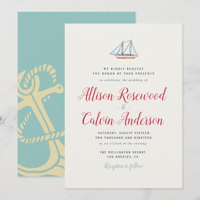 Faire-part de mariage nautique de beau bateau (Devant / Derrière)