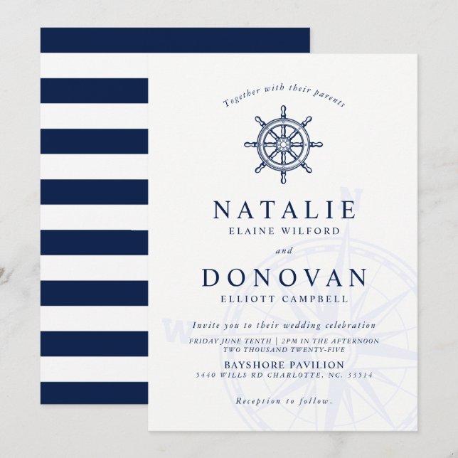 Faire-part de mariage nautique de la roue du navir (Devant / Derrière)