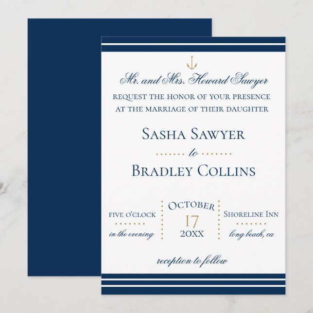 Faire-part de mariage nautique de Preppy Chic Navy (Devant / Derrière)