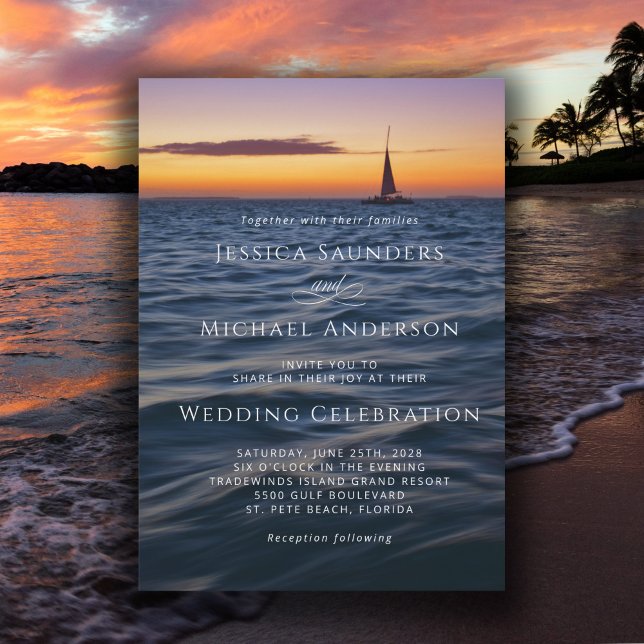 Faire-part de mariage nautique moderne Sunset Sail (Invitations available in both printed and instant download digital formats.)