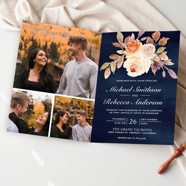 Faire-part de mariage Navy Blue avec code QR flora (Créateur téléchargé)