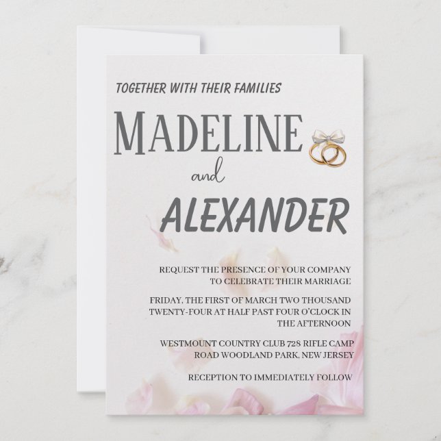Faire-part de mariage neutre avec invitation à la  (Devant)