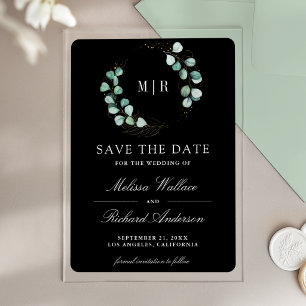 Faire-part de mariage noir à monogramme Eucalyptus