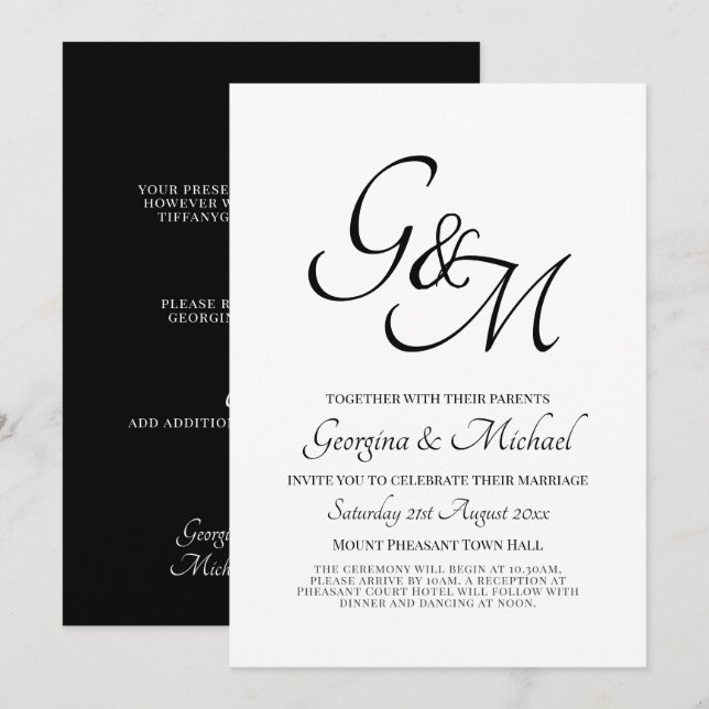 Faire-part de mariage noir blanc classique (Devant / Derrière)