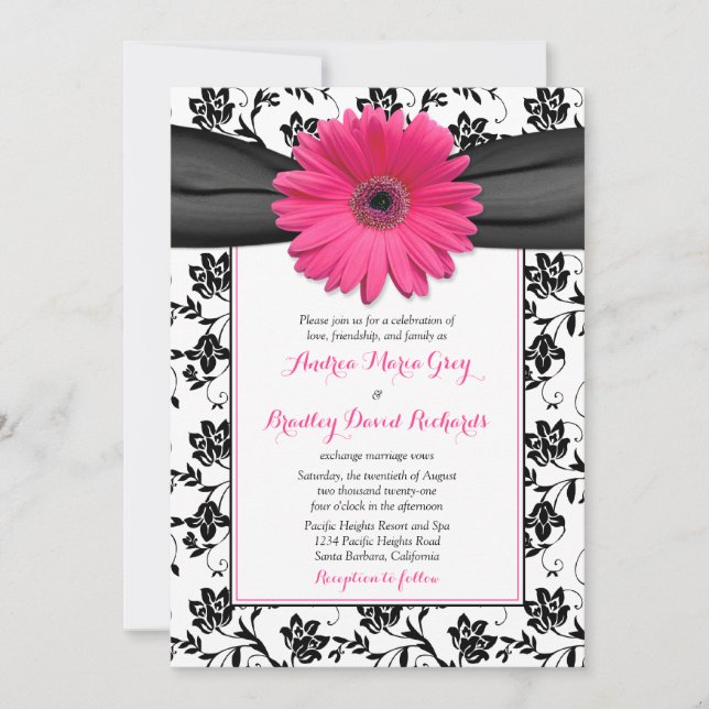 Faire-part de mariage noir blanc damassé rose marg (Devant)