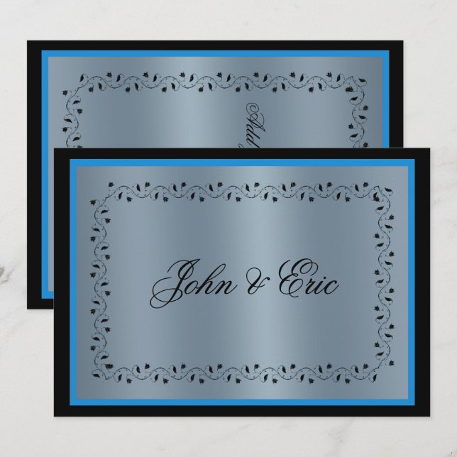 Faire-part de mariage noir en métal bleu (Devant / Derrière)