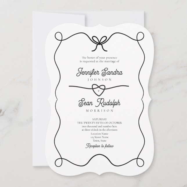 Faire-part de mariage noir et blanc à main tirée (Devant)