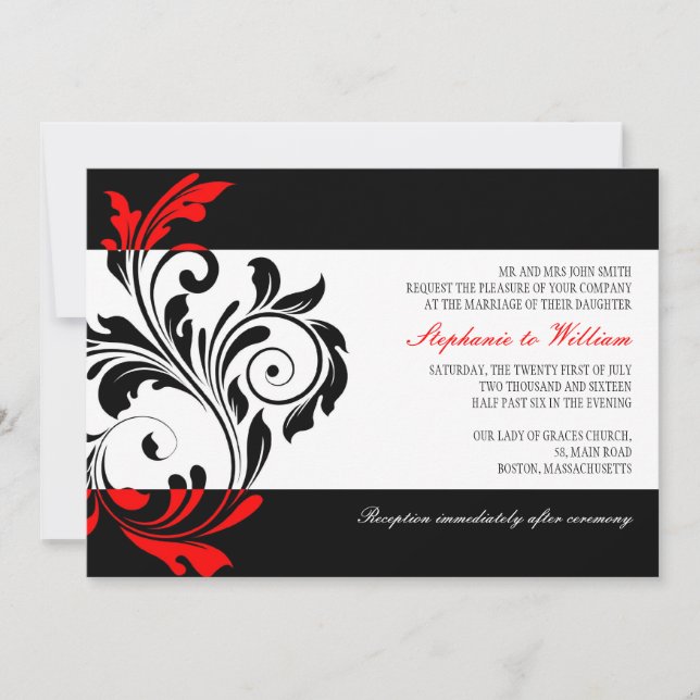 Faire-part de mariage noir et blanc avec rouge (Devant)