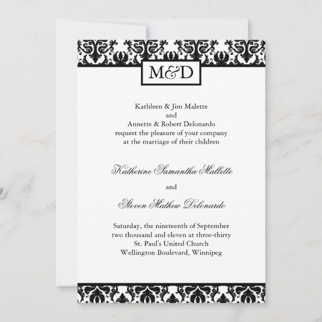 Faire-part de mariage noir et blanc classique (Devant)