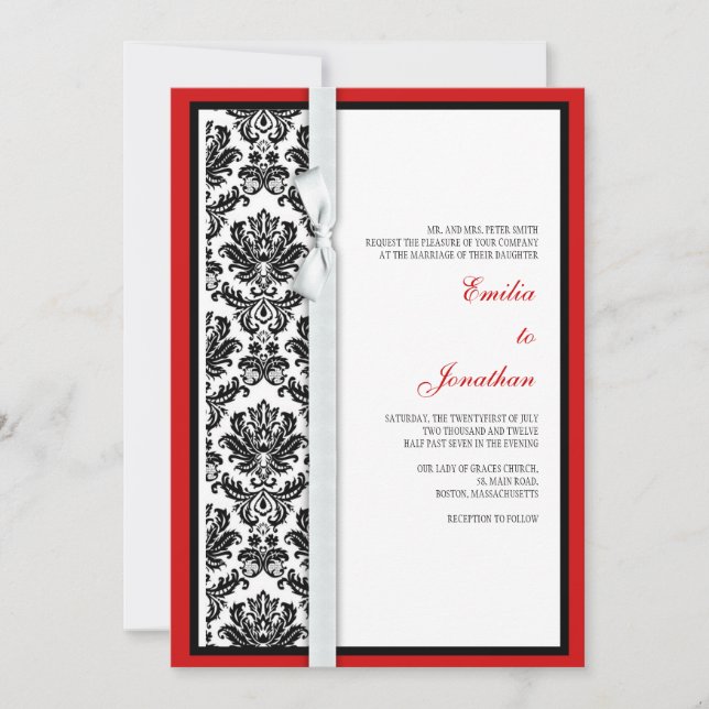 Faire-part de mariage noir et blanc Damask Bow (Devant)