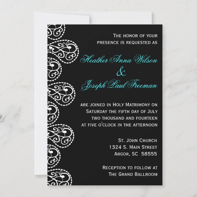 Faire-part de mariage noir et blanc de Paisley (Devant)