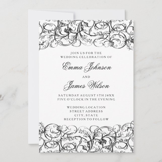Faire-part de mariage noir et blanc élégant de (Devant)