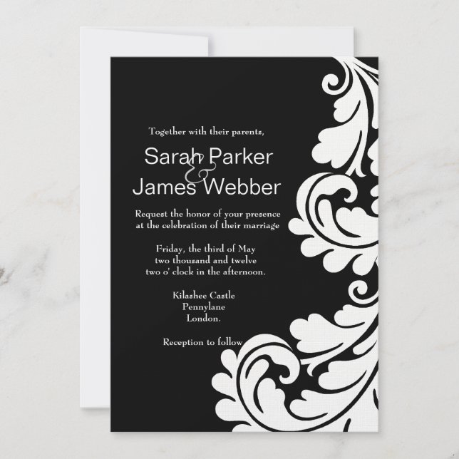 Faire-part de mariage noir et blanc moderne Damas (Devant)