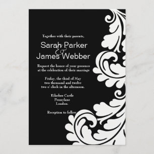 Faire-part de mariage noir et blanc moderne Damas