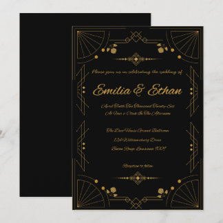Faire-part de mariage noir et or Art Déco moderne