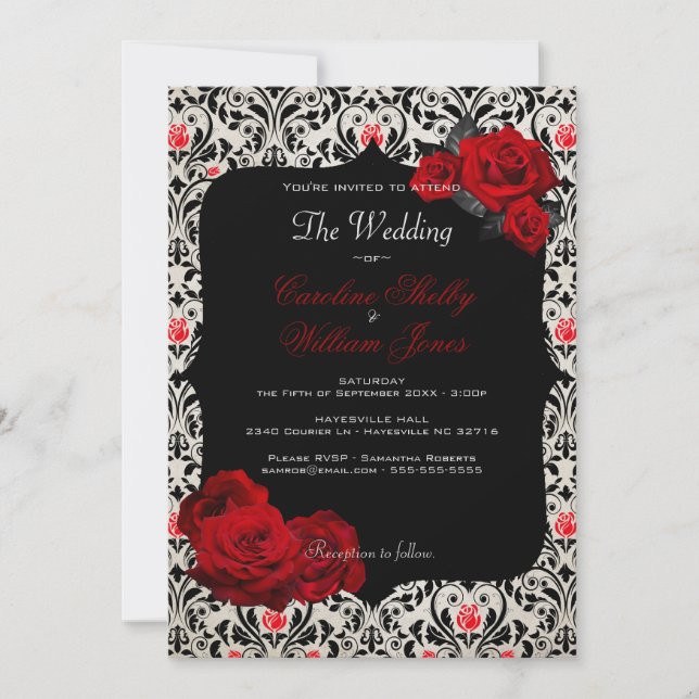 Faire-part de mariage noir et rouge de rose (Devant)