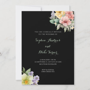 Faire-Part de Mariage Noir Moderne & Fleurs Pastel