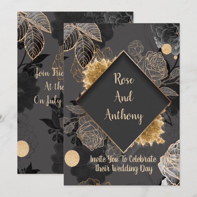 Faire-part de mariage noir/or (Devant / Derrière)