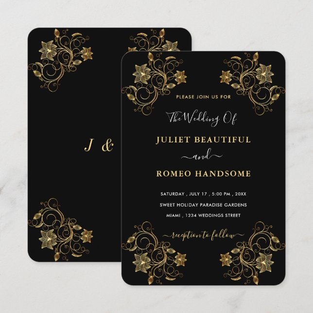 Faire-part de mariage Noir Or avec Fleurs encadrée (Devant / Derrière)