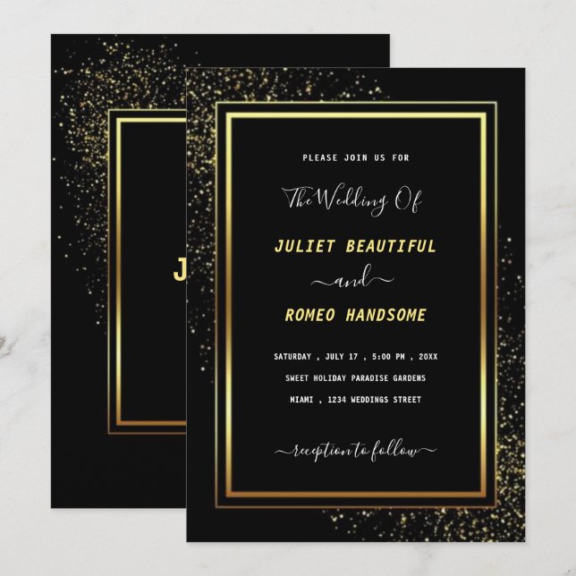 Faire-part de mariage Noir Or - Carte Invitation L (Devant / Derrière)