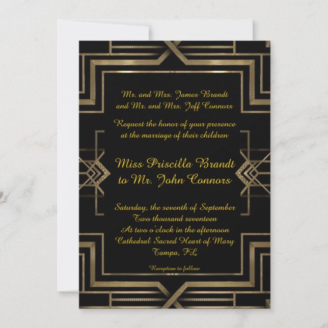 Faire-part de mariage noir&or, grand-Gatsby, scrip (Devant)