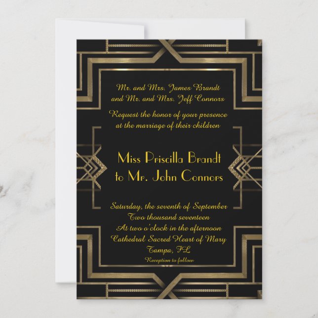 Faire-part de mariage noir&or, grand-Gatsby, scrip (Devant)