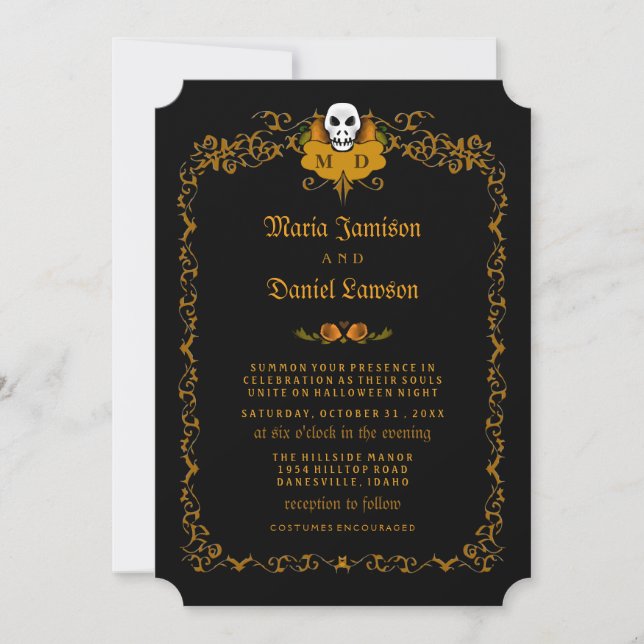 faire-part de mariage - Noir & Orange Crâne Design (Devant)
