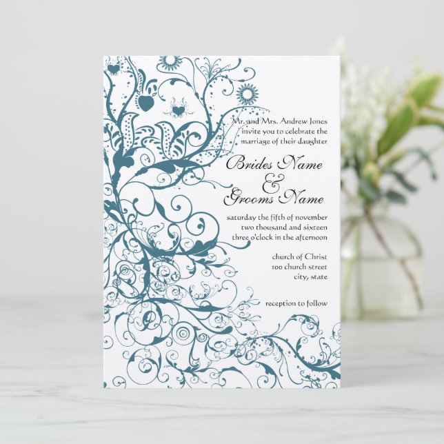 Faire-part de mariage Oiseaux turquoises et tourbi (Debout devant)