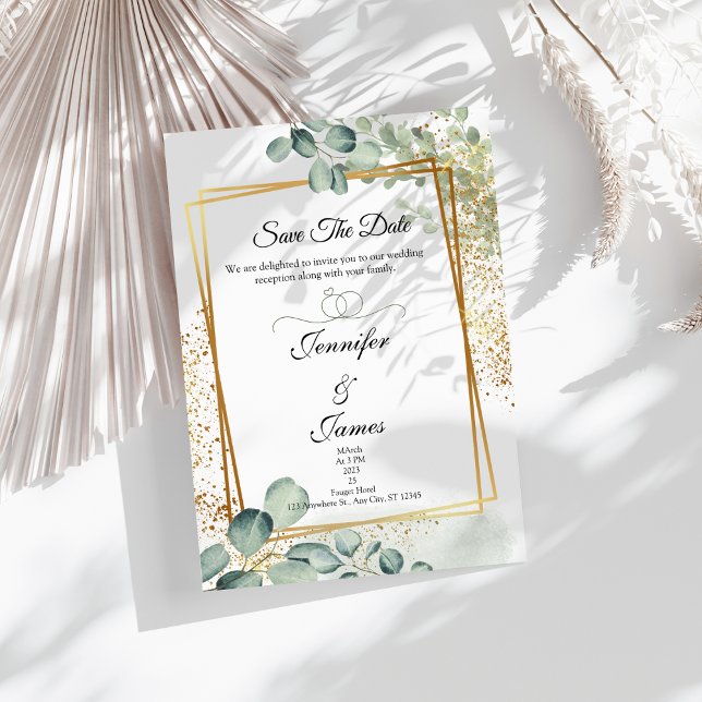 Faire-part de mariage or à la verdure d'eucalyptus (Greenery wedding invitation)