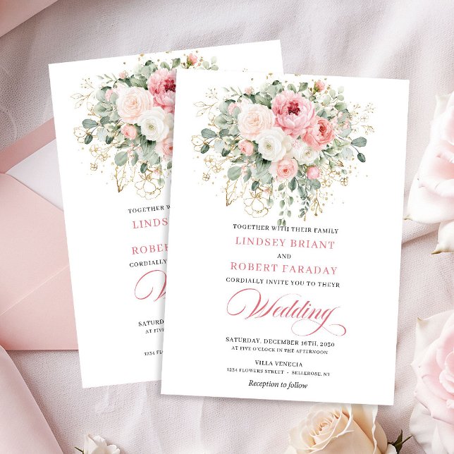 Faire-part de mariage or à roses roses carminées (Airy Blush Roses Greenery Gold Wedding Invite)