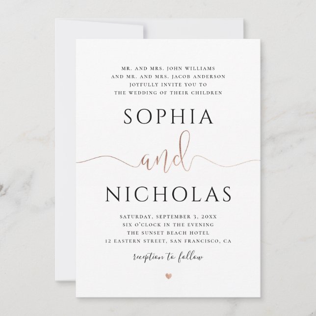 Faire-part de mariage or et blanc. Invitation simp (Devant)
