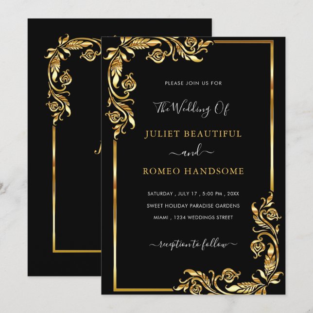 Faire-part de mariage or noir encadré Feuille doré (Devant / Derrière)