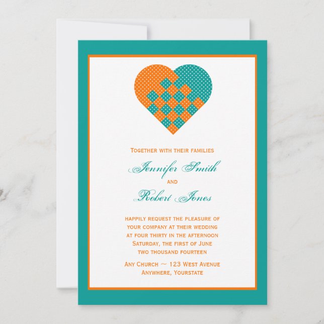 Faire-part de mariage orange de coeur de ruban de (Devant)