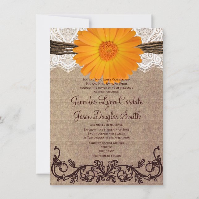 Faire-part de mariage orange rustique de dentelle (Devant)