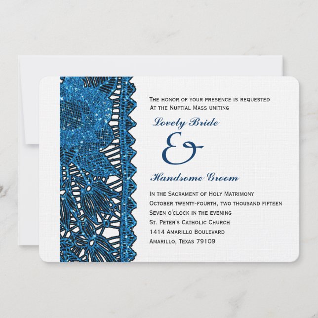Faire-part de mariage orné de paillettes bleu de (Devant)