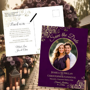 Faire-part de mariage ovale avec photo en violet p