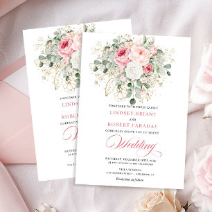 Faire-part de mariage pailleté or et pivoine rose