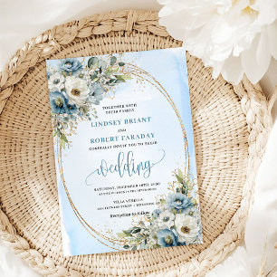 Faire-part de mariage paillettes or fleurs bleues 