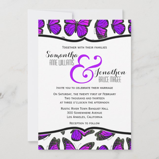 Faire-part de mariage papillon de monarque pourpre (Devant)