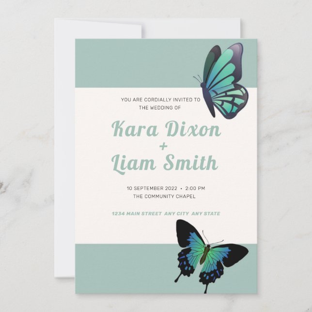 Faire-part de mariage papillon vert (Devant)