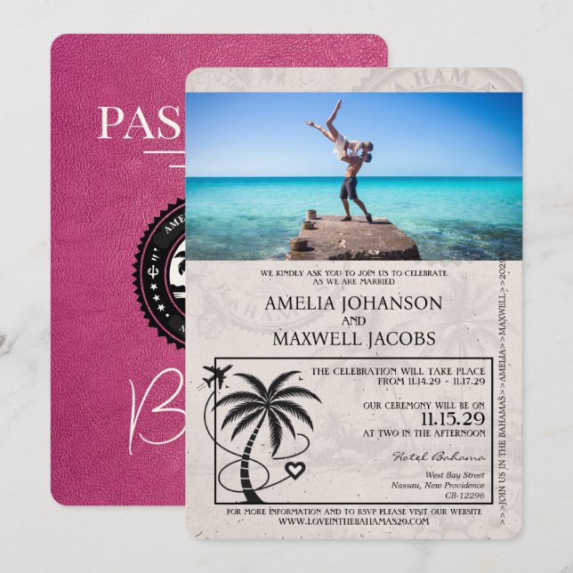 Faire-part de mariage Passeport de Magenta Pink Ba (Devant / Derrière)