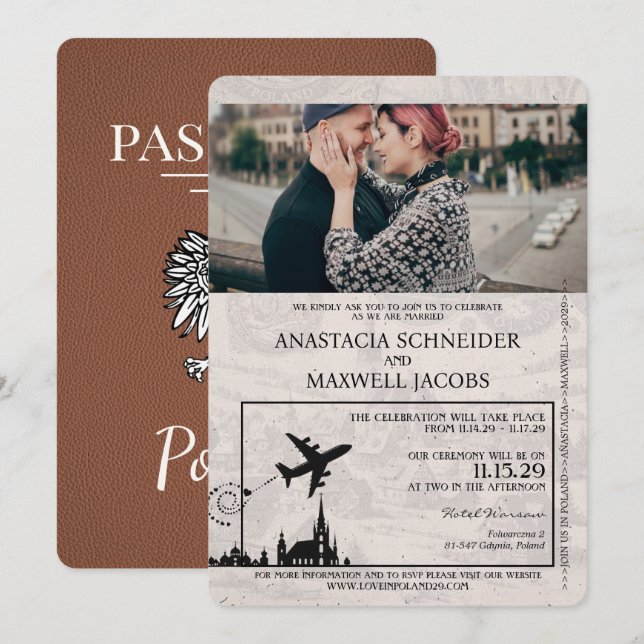 Faire-part de mariage Passeport Pologne Brown (Devant / Derrière)
