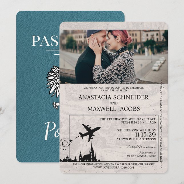 Faire-part de mariage Passeport Pologne turquoise (Devant / Derrière)