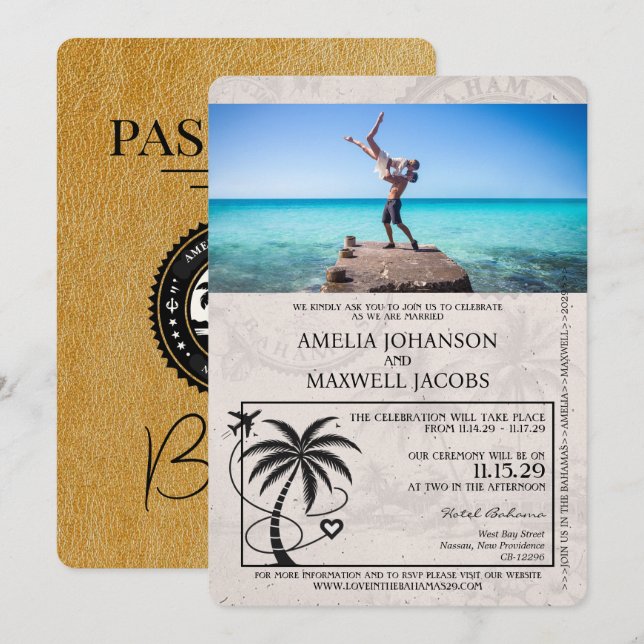 Faire-part de mariage Passport Gold Bahamas (Devant / Derrière)