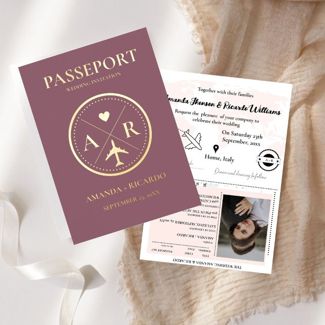 Faire-part de mariage Passport Gold Et Dark Mauve (Créateur téléchargé)