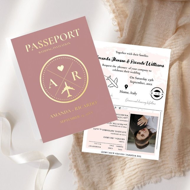 Faire-part de mariage Passport Gold Et Dark Mauve (Créateur téléchargé)
