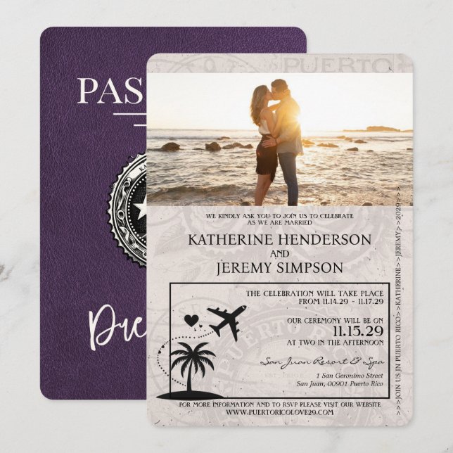 Faire-part de mariage Passport Violet Porto Rico (Devant / Derrière)